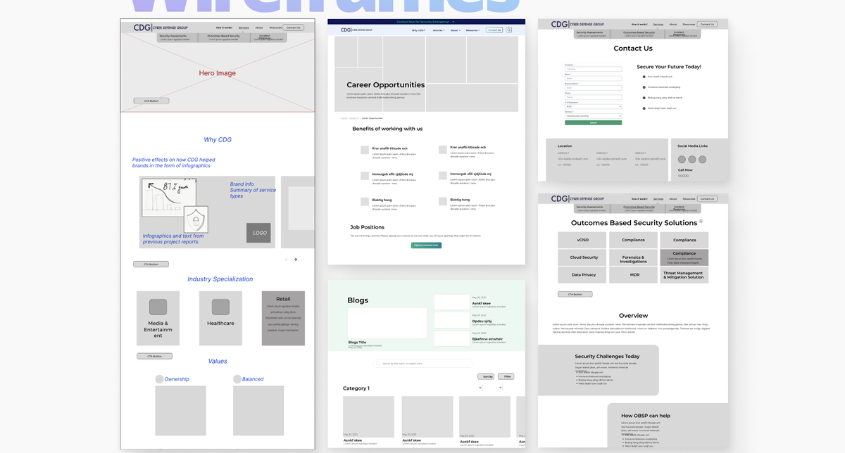Low-fidelity wireframes covering the homepage, careers, blog, and service detail pages.