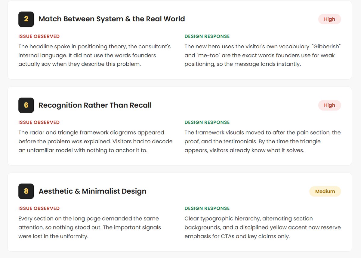 Heuristic audit extract: each violation paired with the design response that answers it.